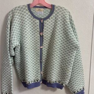 Vintage North of Boston Women's Green & White Cardigan Sweater L